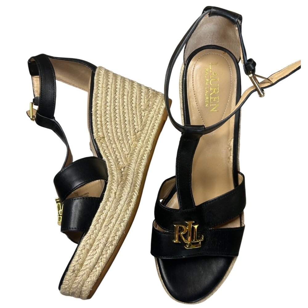Ralph Lauren Hale Black Leather Espadrille Wedge Sandals Size 8.5 Buckle LRL - Picture 9 of 10